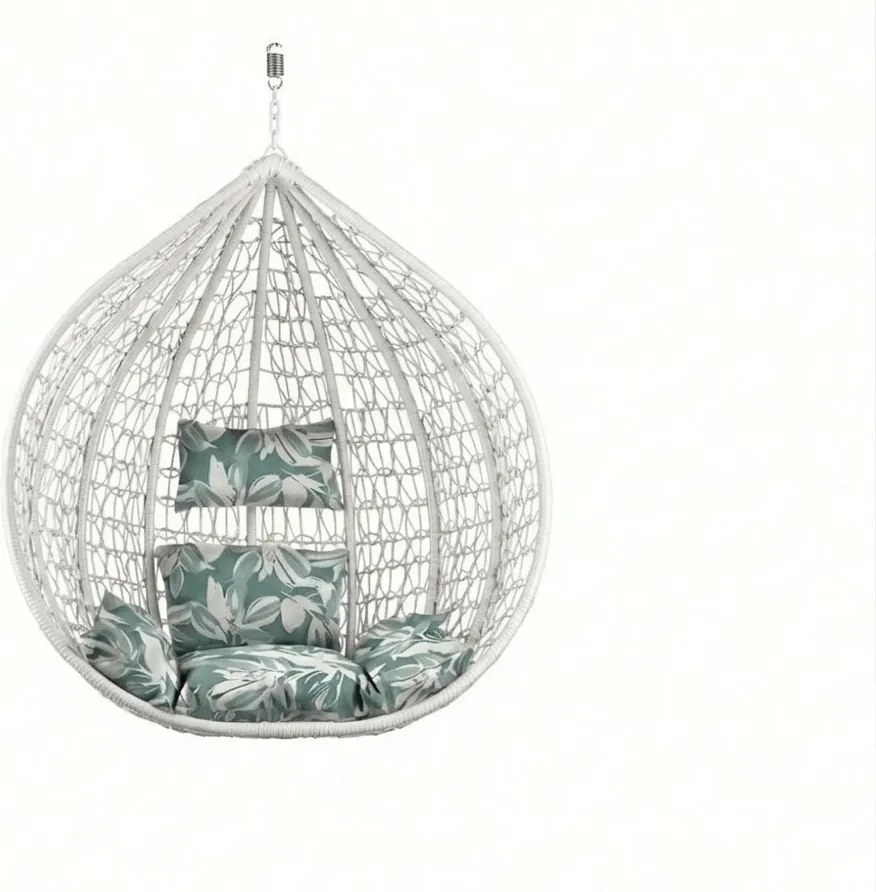 Fehér függő szék KOKON állvány nélkül, zöld-fehér párna
