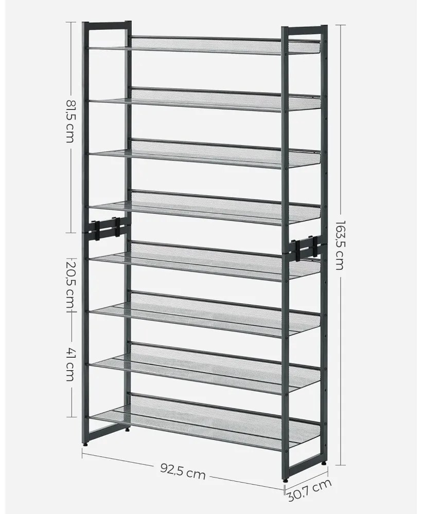 Cipőtartó polc 2x4 szintes fém háló polcokkal, szürke 92x30x163cm