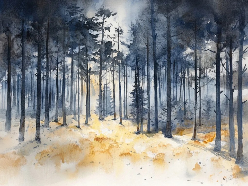 Vászonkép Canvas Akvarell Tájkép Erdő Fák Természet 100x75