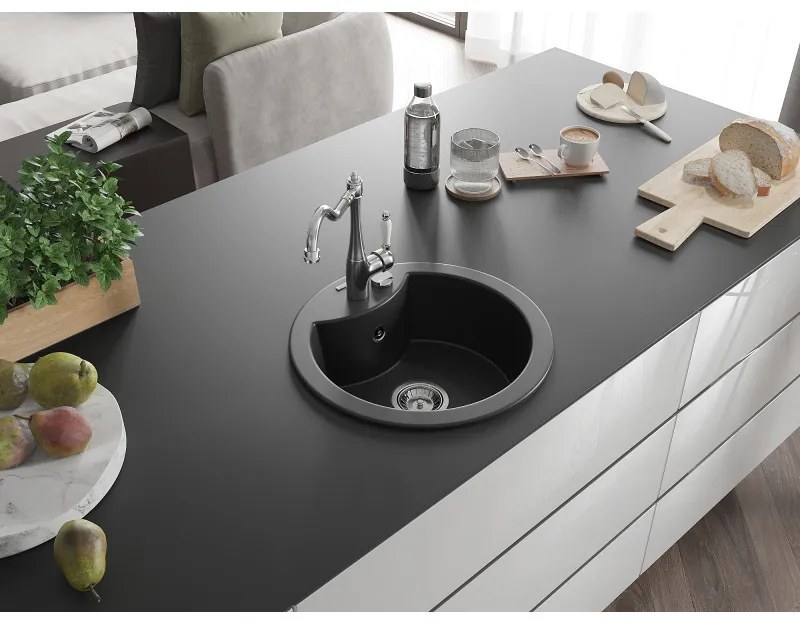 Mexen Diego, gránit mosogató 488x488x167 mm, 1 kamrás és mosogató csaptelep Carla, fekete, 6512-77-670700-00