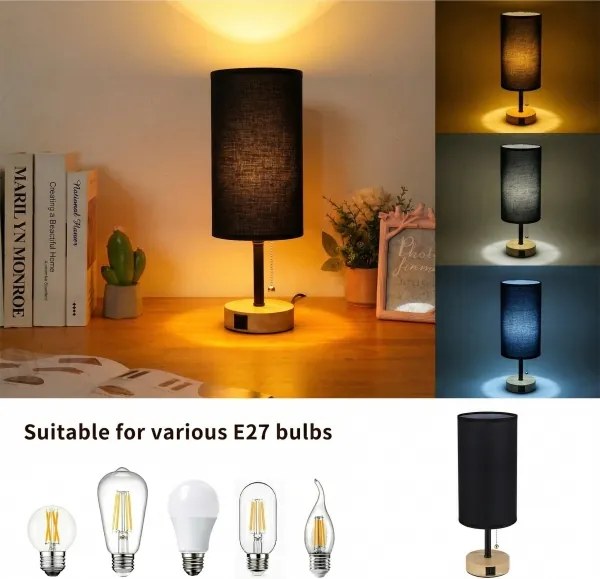 BRILAGI - TABLON asztali lámpa USB-porttal, 1xE27/25W/230V, tölgy/fekete