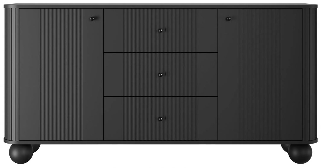 Vesper komód 160 cm fiókokkal gömb lábakon - fekete / fekete fogantyúk