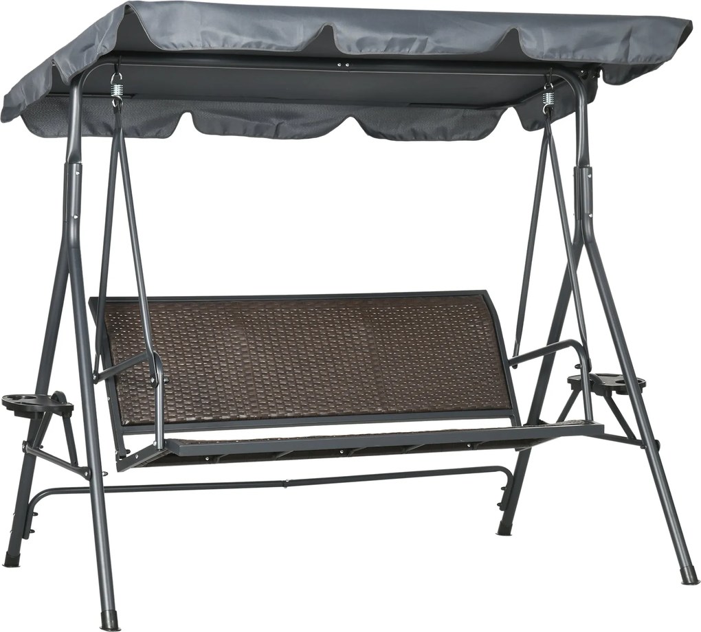 Outsunny 3 személyes kertihinta állítható tetővel, pohártartókkal, ergonómikus üléssel és háttámlával sötétszürke és barna PE gyanta fonott acél keret