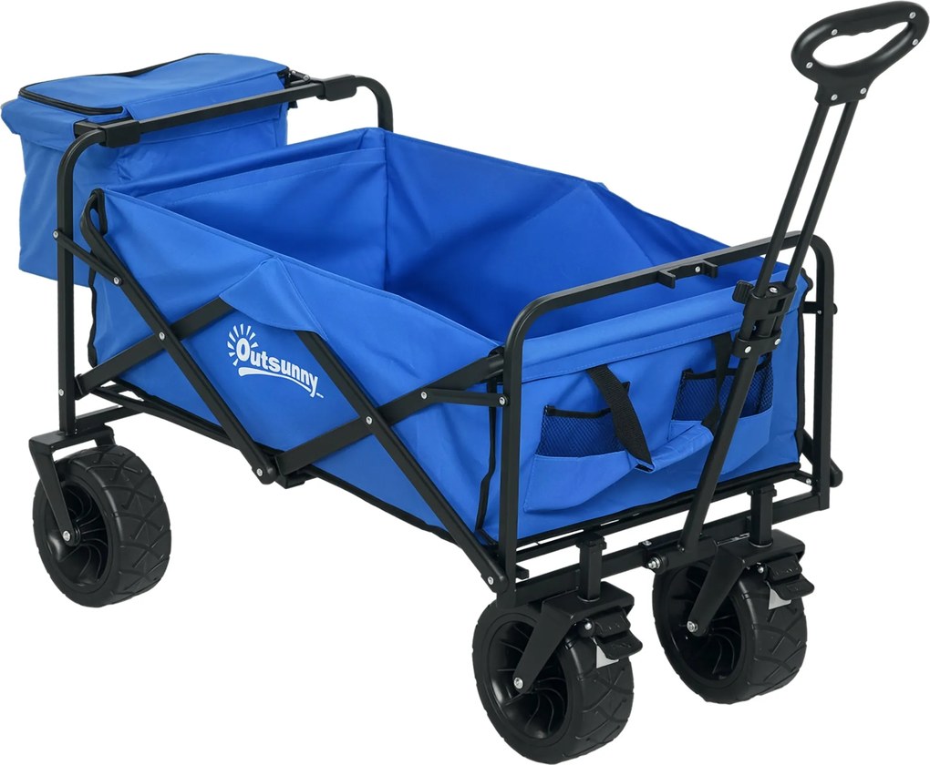 Outsunny Összecsukható Tengerparti Kocsi 110L Telepszópikus Fogantyúval és 15L Hőszigetelt Táskával, Acél és Oxford Szövet Kertikocsi, Kék | Aosom