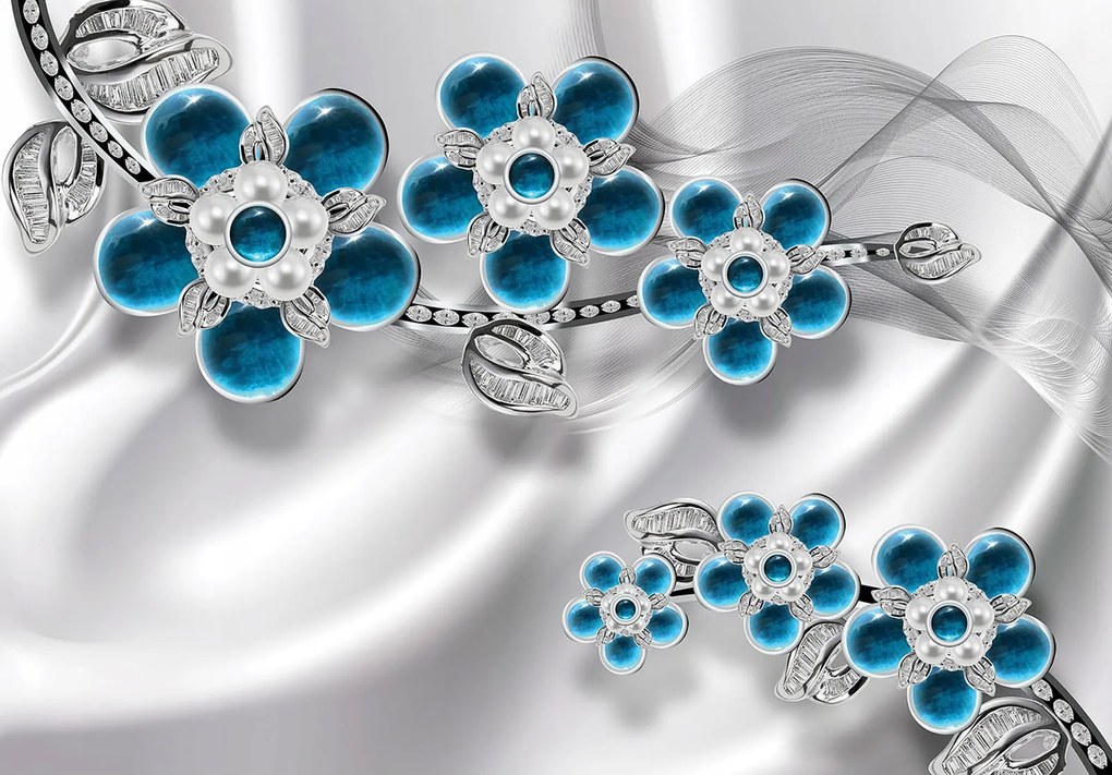 Flizelin fotótapéta Kék virágok gyémántokkal és ezüsttel 300x210 +ragasztó