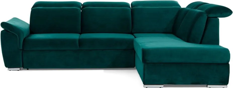 Zöld bársony kinyitható-tárolóhelyes sarokkanapé (jobb oldali-L alakú) Loreto – ELTAP