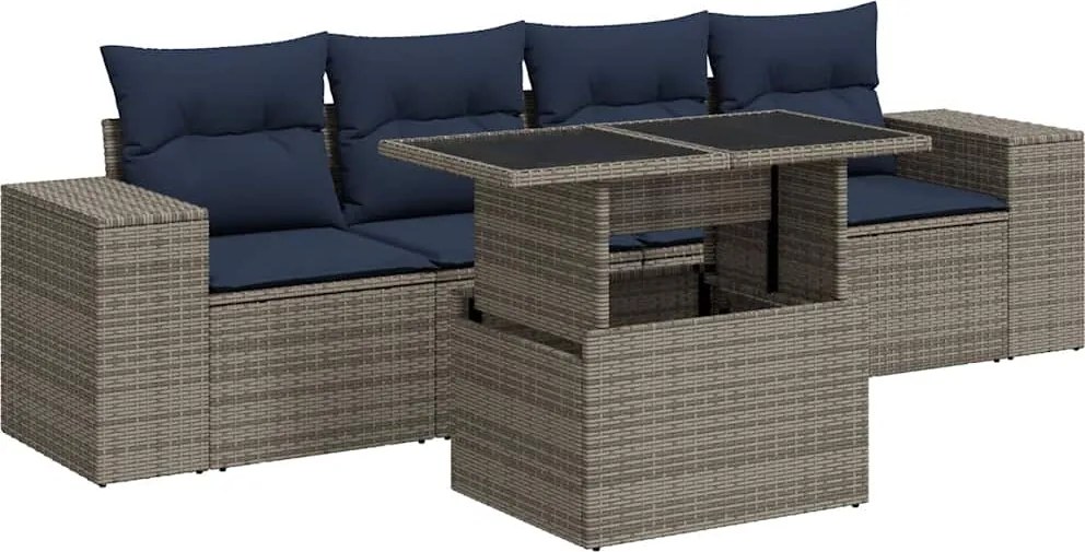 vidaXL 5 részes szürke polyrattan akácfa kerti ülőgarnitúra párnákkal