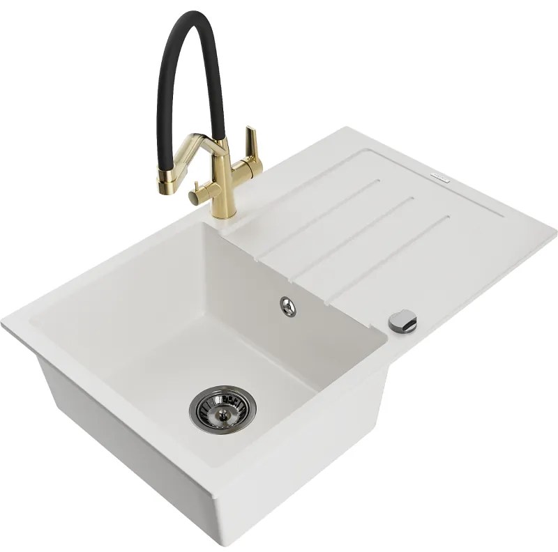 Mexen Bruno egykamrás gránit mosogató csepegtetővel és Duo konyhai csapteleppel, fehér - 6513-20-671701-57-B