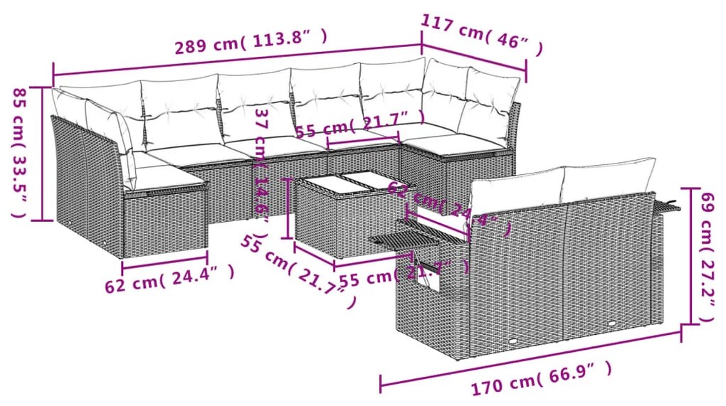 10 részes bézs polyrattan kerti ülőgarnitúra párnával