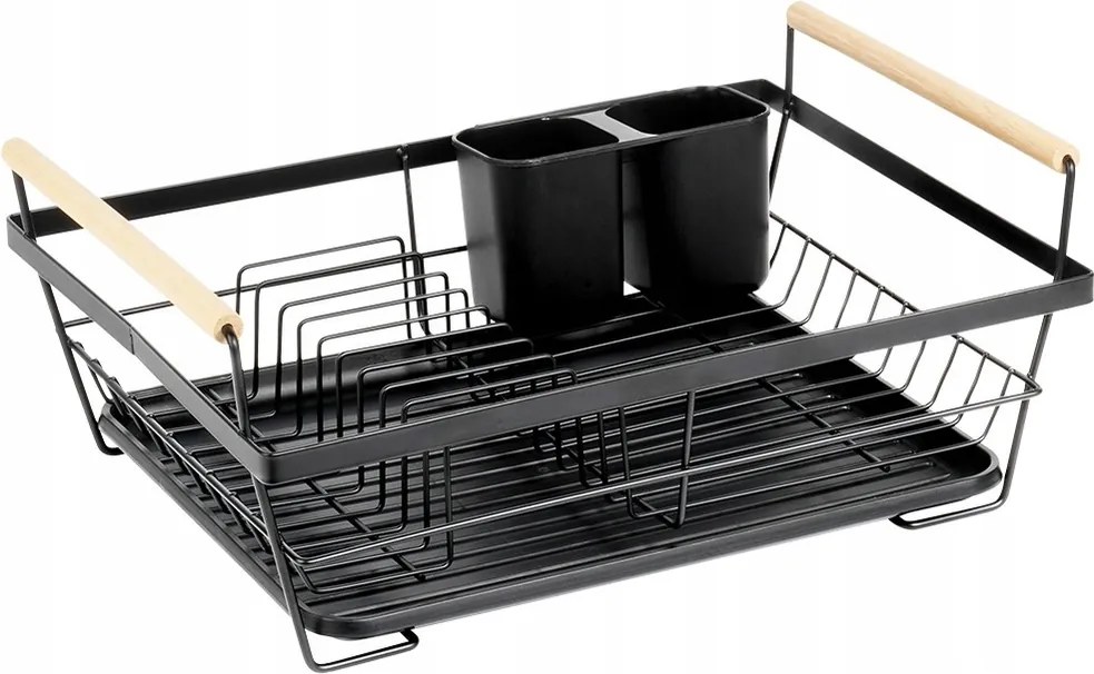 Konyhai szárítógép fekete, fa fogantyúkkal 45 cm-es edénycsepegtető