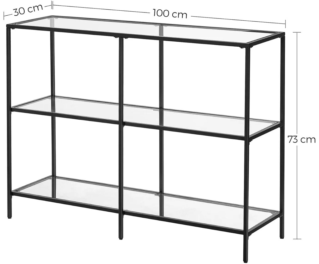 Moden konzolasztal, üvegpolccal, fekete