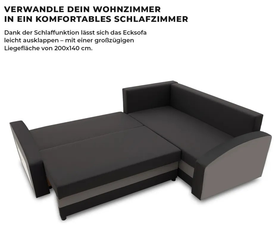 Grande sarokkanapé polcokkal , polc a bal karfaban, jobboldali, szövet anyag, hab töltet, fekete - szürke