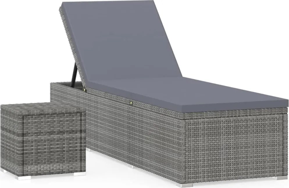 vidaXL szürke polyrattan napozóágy párnával és teázóasztallal