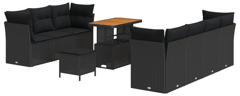 10 db-os kerti kanapé szett párnákkal Fekete Poli rattan Akácia, 3 db-os kerti étkező szett párnákkal Fekete Poli rattan Akácia