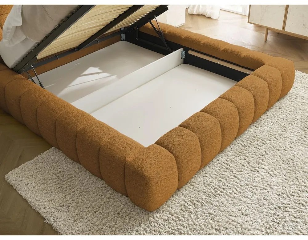 Mustársárga kárpitozott ágyneműtartós franciaágy ágyráccsal 180x200 cm Mont Blanc – Bobochic Paris