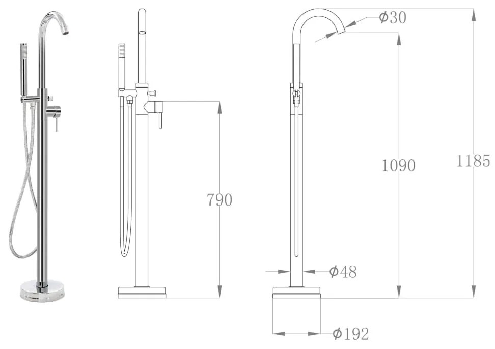 Szabadon álló rozsdamentes acél kádtöltő csaptelep 118,5 cm