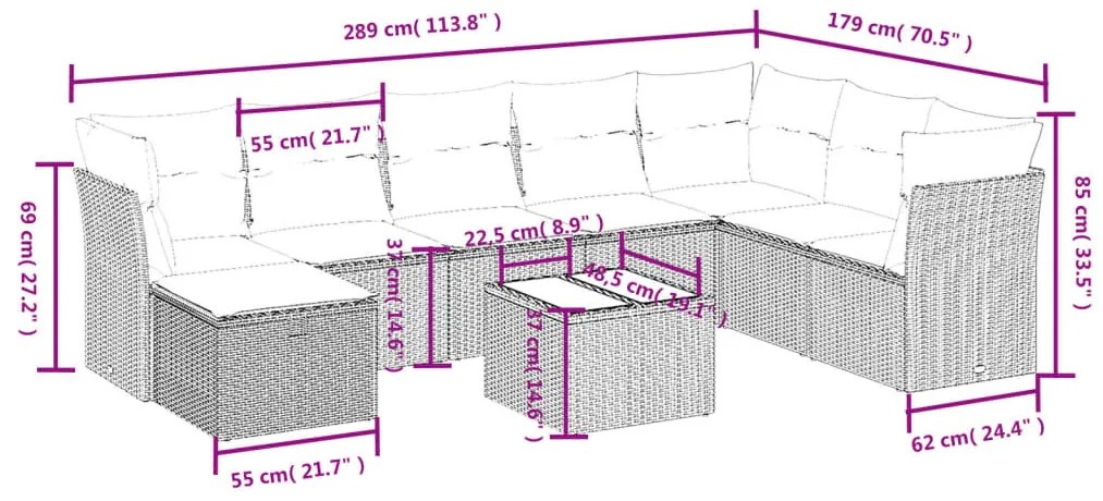 9 részes szürke polyrattan kerti ülőgarnitúra párnákkal