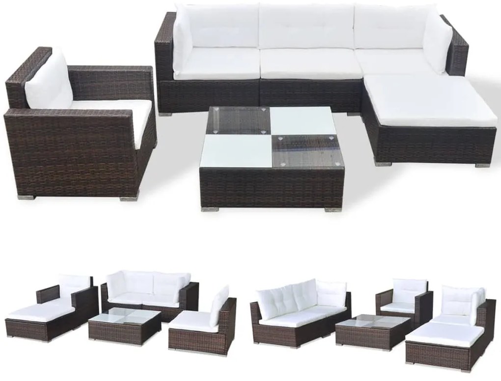 vidaXL 6-részes barna polyrattan kerti bútorszett párnákkal