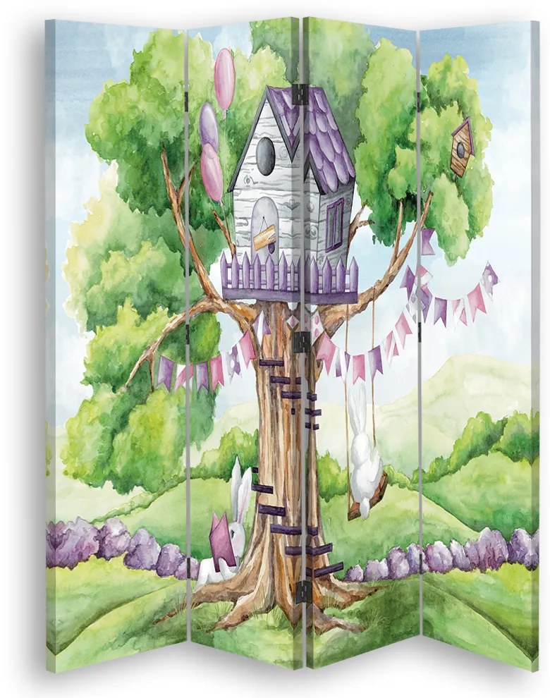 Gario Paraván Ház fehér nyulak egy fán Méret: 145 x 170 cm, Kivitelezés: Forgó paraván 360°