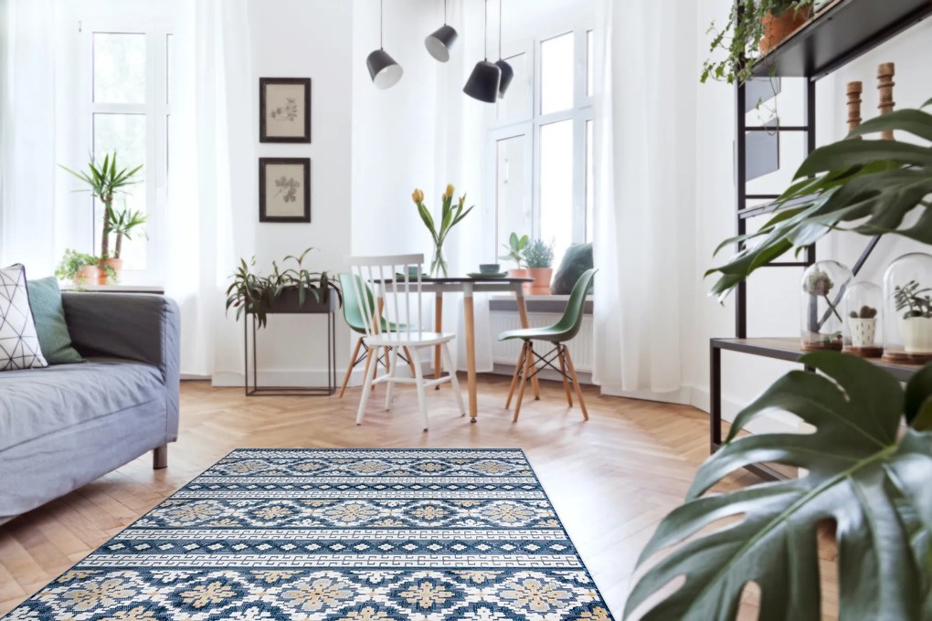 Szőnyeg Structural BOTANIC 65252 Boho, lapos szőtt az erkélyen, teraszon - sötétkék
