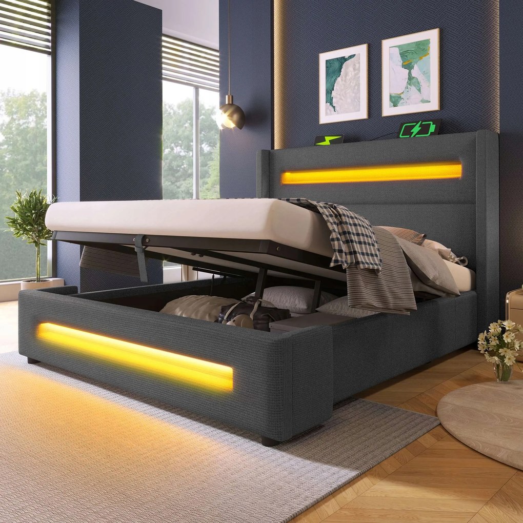 Kárpitozott ágy Led kétszemélyes ágy 180x200 Usbc Hidraulikus lenvászon szürke