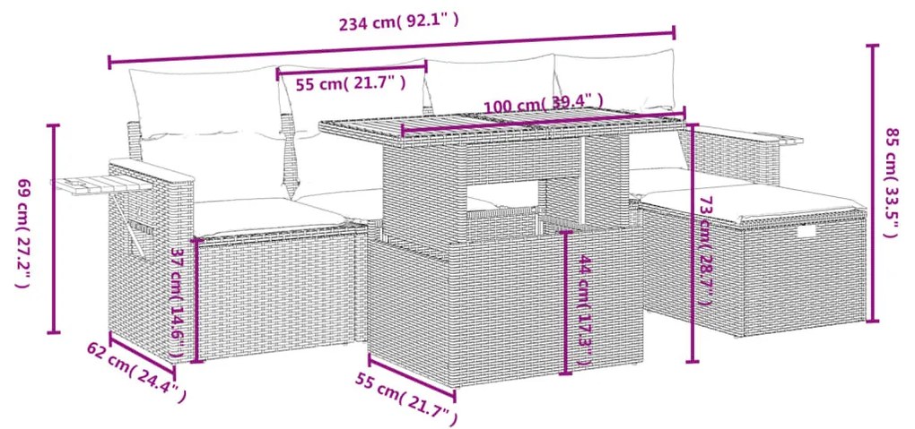 6 részes bézs polyrattan kerti ülőgarnitúra párnával