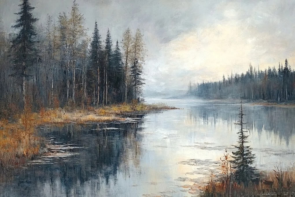 Vászonkép Canvas Tájkép Erdő Fák Tó Tükröződés 120x80