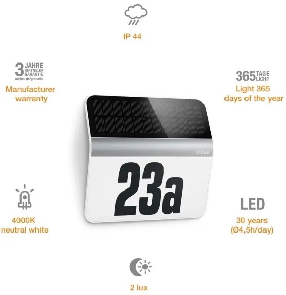 STEINEL 007140 - XSolar LH-N LED napelemes házszám, 0,03W, rozsdamentes, IP44