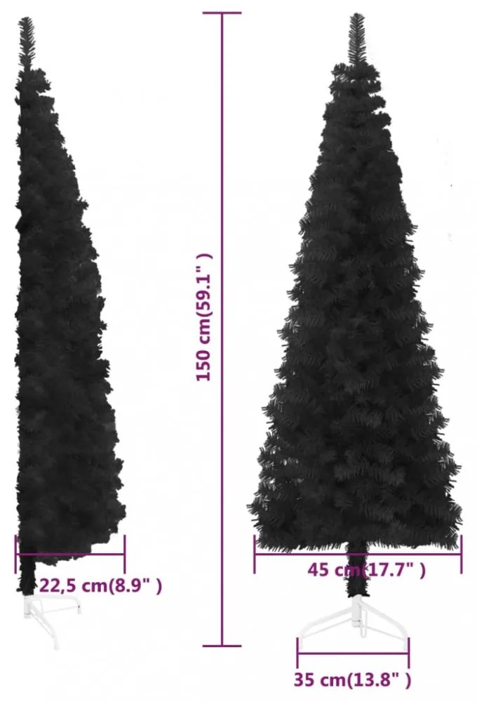 fekete vékony fél műkarácsonyfa állvánnyal 150 cm