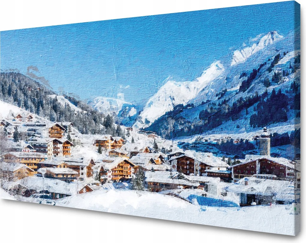 Vászonkép Hófalu a hegyek között Tél 70x50 cm Ideális ajándék