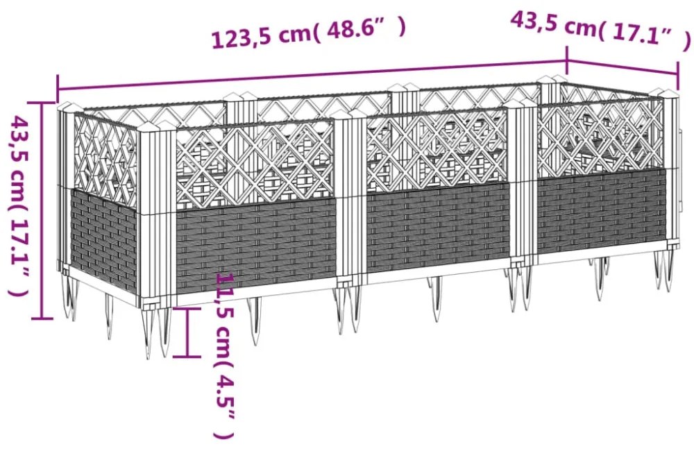 fekete PP kerti virágláda cövekekkel 123,5 x 43,5 x 43,5 cm
