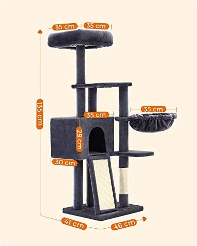 Macska kaparóoszlop, többszintes 135 cm macska kaparófa, sötétszürke