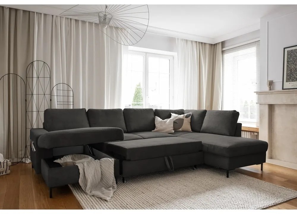 Sötétszürke kordbársony kinyitható sarokkanapé (jobb oldali) Lofty Lilly – Miuform
