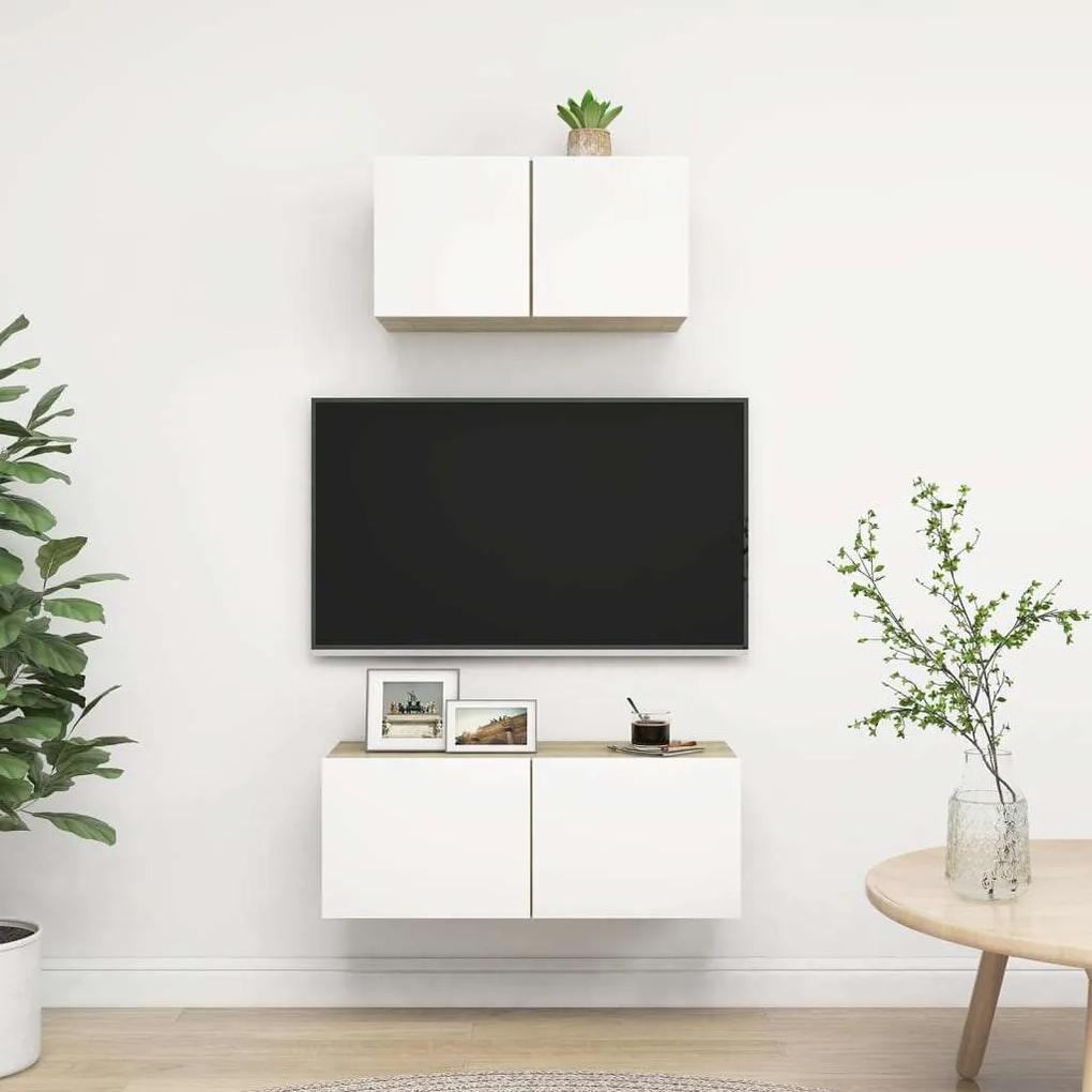 vidaXL 2 részes fehér-sonoma színű forgácslap TV-szekrényszett