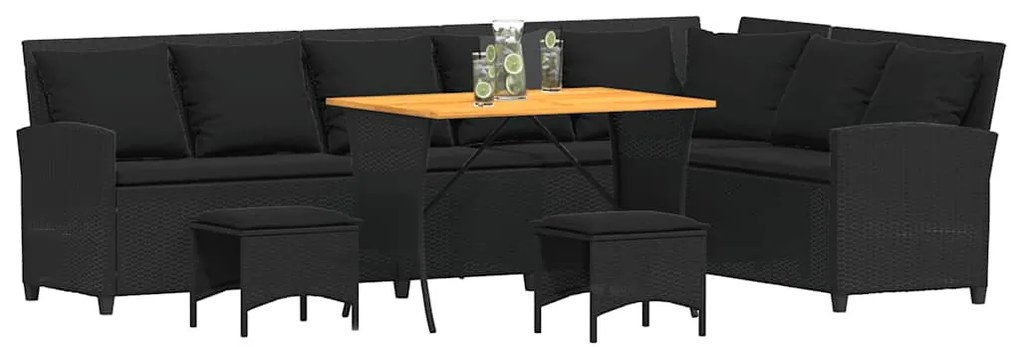 4 részes fekete polyrattan kerti ülőgarnitúra párnával L-alakú