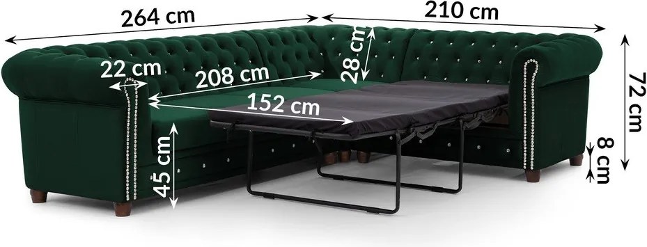 Zöld bársony kinyitható sarokkanapé (jobb oldali-L alakú) York Blik – Ropez