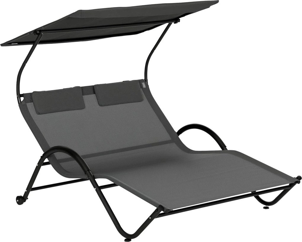 Outsunny Dupla Fekvőfotel Kerekekkel, Párnázott Fejtámlával és Napernyővel, 200x137x138 cm, Sötétszürke | Aosom
