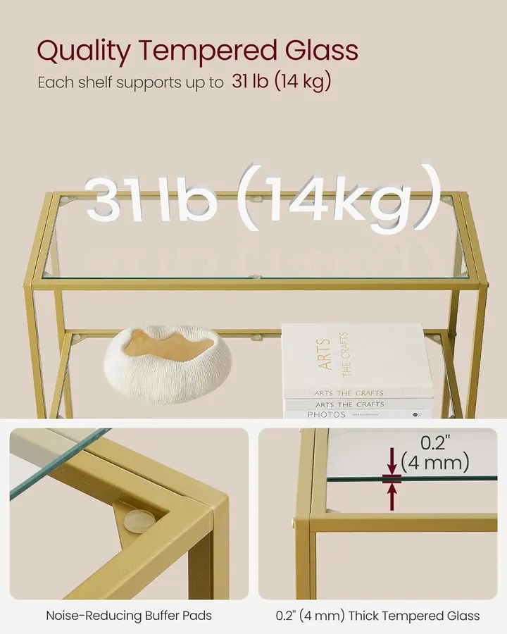 Könyvespolc, 6 szintes üvegpolc fém kerettel, arany színű