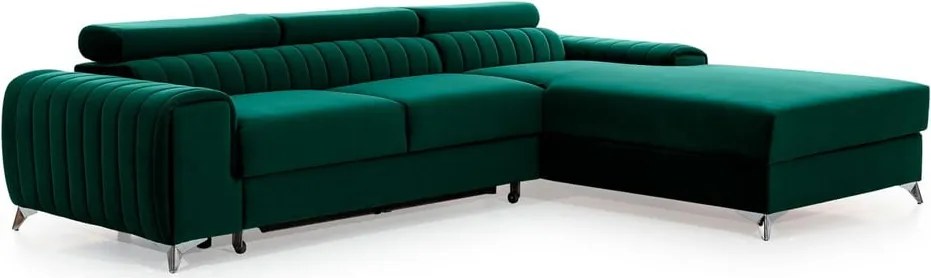 Zöld bársony kinyitható-tárolóhelyes sarokkanapé (jobb oldali-heverő résszel) Grayson – ELTAP