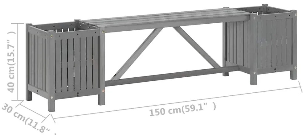 szürke tömör akácfa kerti pad 2 virágtartóval 150 cm