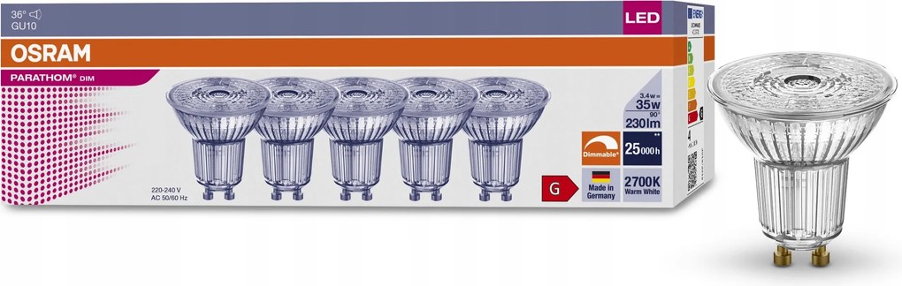 Osram reflektor izzó PAR16 Led 3.4W GU10 2700K 230lm 36° DIM 5 db