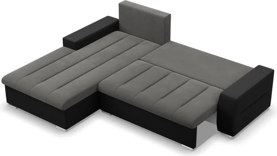 Toronto sarokkanapé, 2 ágyneműtartóval, bársony + műbőr, baloldali, szürke - fekete