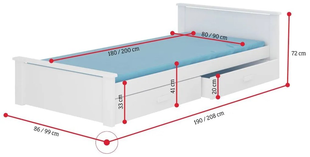 ALDEXO ágy, 180x80, fehér