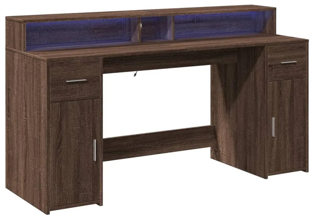 barna tölgy színű szerelt fa íróasztal LED-ekkel 160x55x91 cm