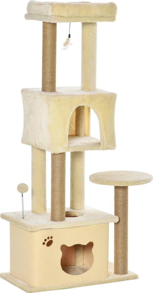PawHut Nagy Macskakaparó Fa 60x34x136 cm Macska Fa Platformokkal, Plüss Barlangokkal, Levehető Jutaoszlopokkal és Felfüggesztett Labdával Beige | Aoso