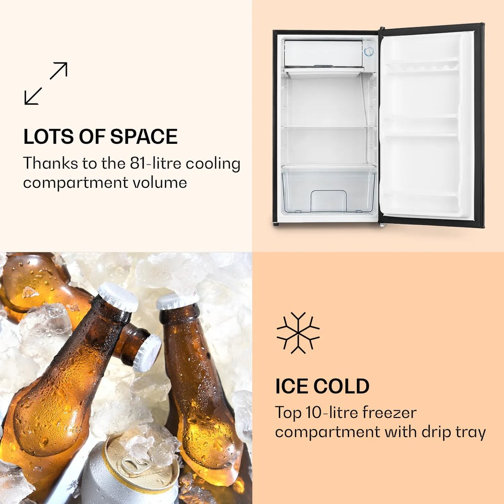 Klarstein Spitzbergen Uni, kombinált hűtőszekrény, 91 liter, E energiahatékonysági osztály, fekete