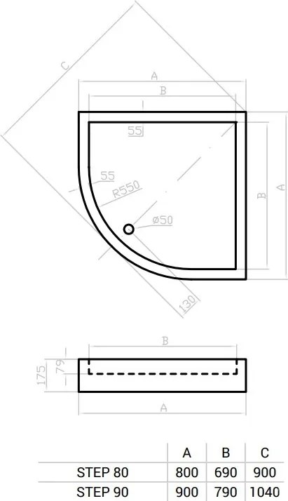 Favorit STEP zuhanytálca íves - szaniter akril - 80 x 80cm