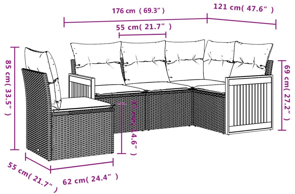 5 részes fekete polyrattan kerti kanapészett párnákkal