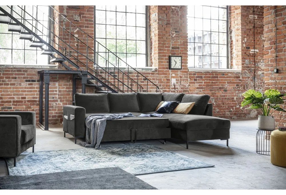 Sötétszürke bársony kinyitható sarokkanapé (jobb oldali) Lofty Lilly – Miuform