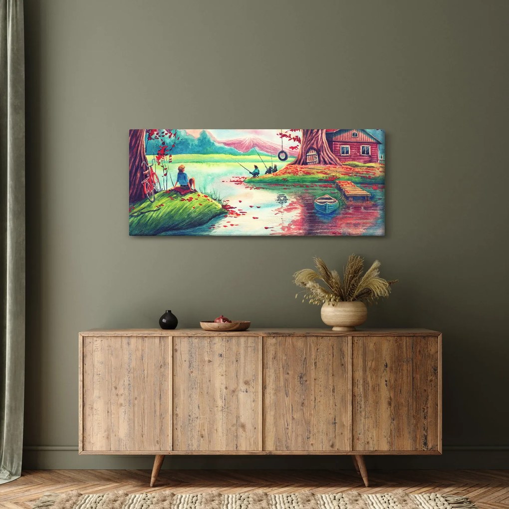 Kép - akvarell, Öböl egy hegyi faluban (120x50 cm)